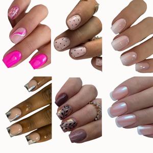 6 Packs (144 Pcs) Press on Nails Short Square Fake Nails Nude False Nails with Designs Ombre White French Tip Pink Brown Glue on Nails Full Cover Glossy Acrylic Stick on Nail for Women Manicure (Style-7)