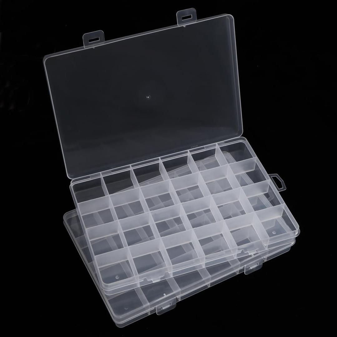 2pcs 24 Grids Clear Plastic Organizer Box Fixed Compartment Storage Container for Craft, Beads, Jewelry, Small Parts, 7.4X5.1X0.86 INCH