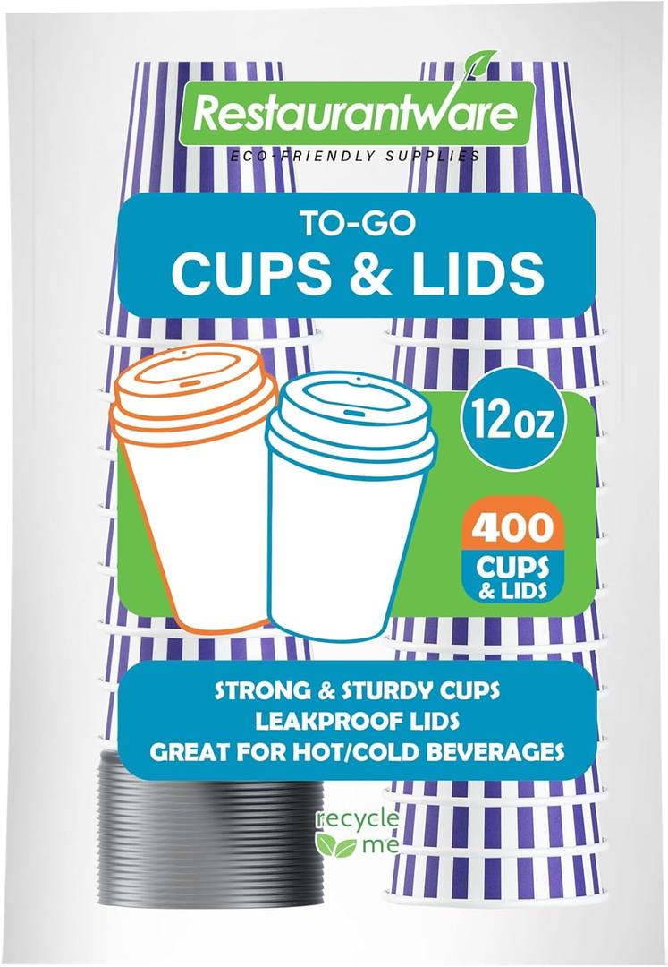 Restaurantware 12 Ounce Disposable Coffee Cups With Lids, 400 Hot Cups With Lids - Sleeves Sold Separately, Single Wall, Purple And White Stripe Paper Coffee Cups, For All Kinds Of Beverages