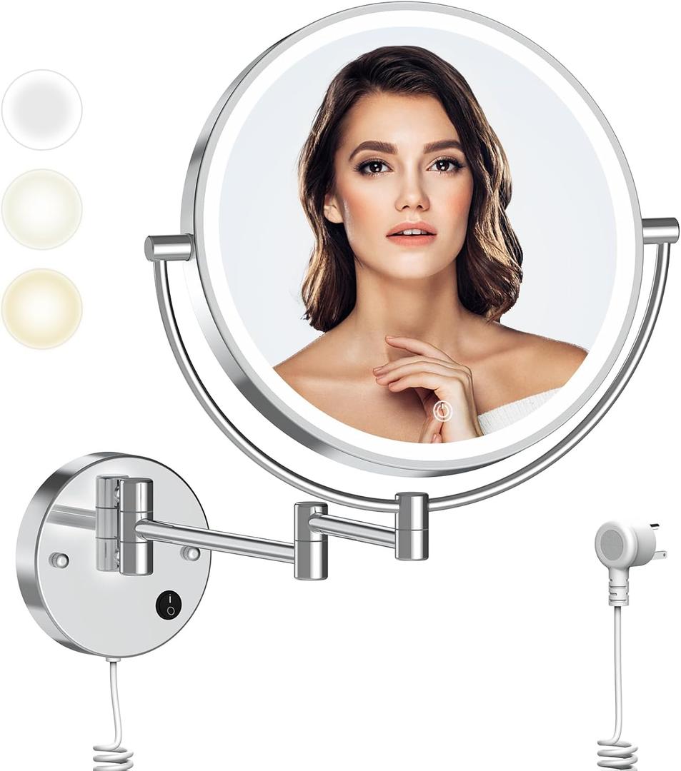 Rocollos 9" Plug-in Wall Mounted Lighted Makeup Mirror 1X/10X Magnification, Super Large Double Sided LED Vanity Mirror for Bathroom, 3 Color Dimmable 360Swivel Extendable Shaving Cosmetic Mirror