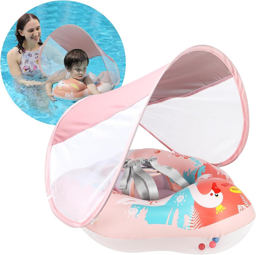 Swimbobo Infant Pool Float with Sun Canopy Inflatable Baby Swimming Floatie with Sponge Safety Bottom Support Water Toys Swimming Trainer (Pink Swan, Large)