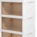 Foldable White Plastic Shoe Rack 2/3/4/5/6 Tier Stackable Storage Cabinet Box - Rolling Closet Storage Organizer Containers With Lids & Lockable Wheels For Home (4 Tiers)