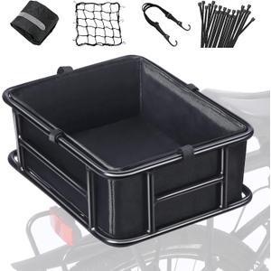 Bike Basket Rear with Liner,Large Bicycle Basket with Waterproof Cover,Bicycle Rear Basket with Cargo Net and Elastic Bungee Cord for Electric Bike, lightweight Aluminum Bike Basket