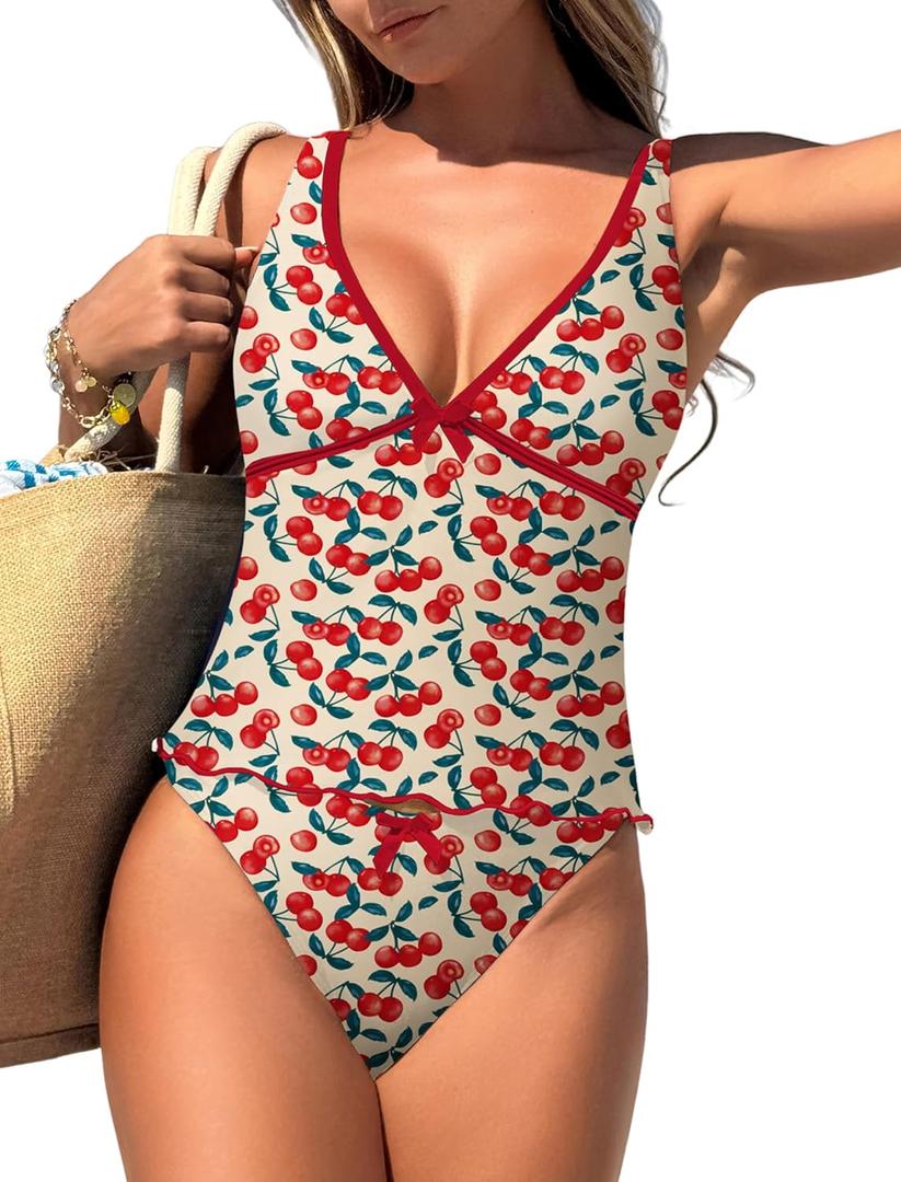 ZAFUL Women's Tankini Swimsuits V Neck Tummy Control Bow Color Block Two Piece Swimsuit Bathing Suit (XX-Large, 1-cherry)