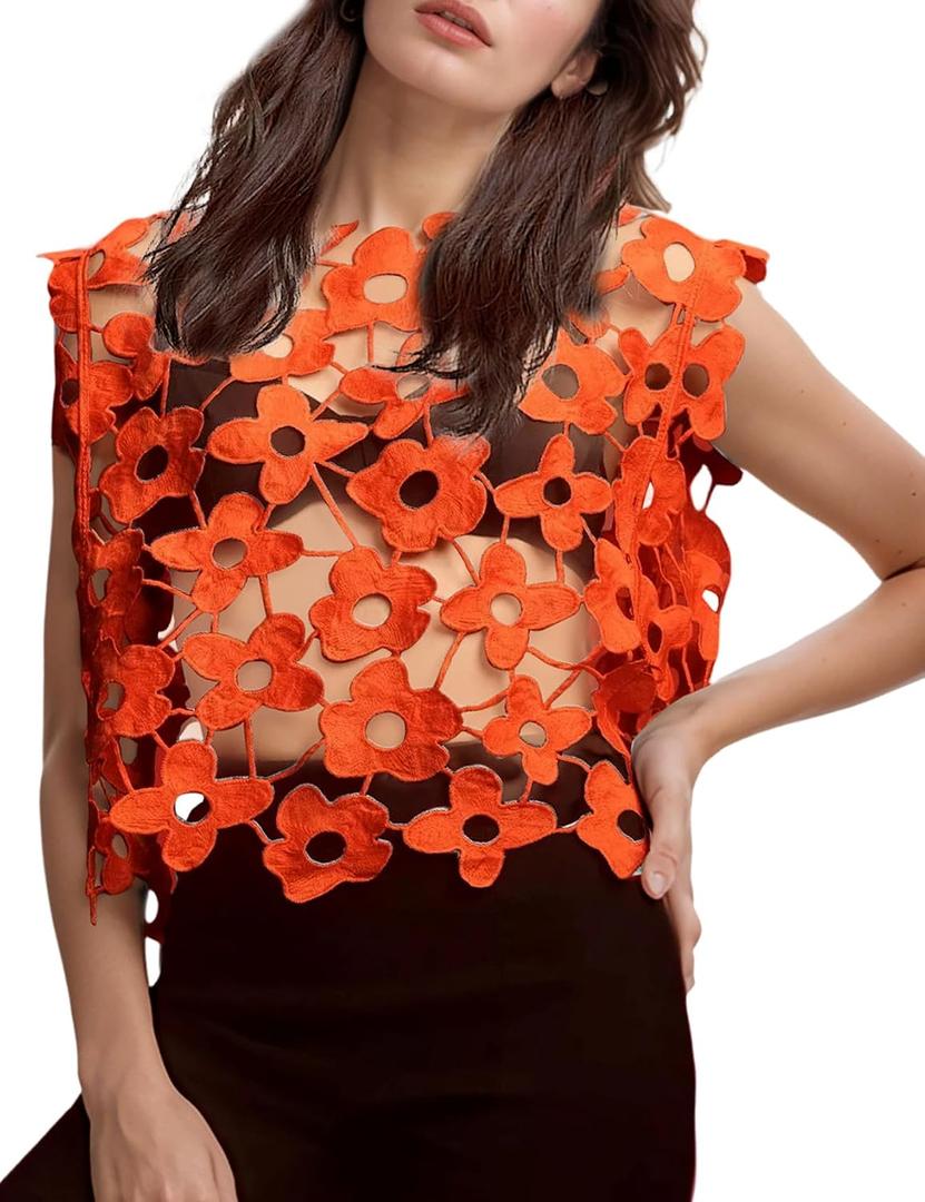 Wyeysyt Crochet Tops for Women Floral Lace Vest Hollow Out Sleeveless Summer Cropped Going Out Top, Small, Orange