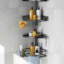 HAMITOR Corner Shower Caddy Tension Pole: Quick Installation 4-Tier Rustproof Bathroom Organizer Shelves for Bathtub Shampoo Storage - 47-121 inch Adjustable Floor Standing Bath Rack Holder - Black