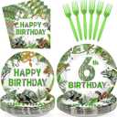 96Pcs Reptile 6th Birthday Party Supplies Lizard Snake Turtle 6th Birthday Party Plates and Napkins Green Reptile 6 Years Old Tableware Set for Tropical Wild Greenery Decoration Favors Serves 24