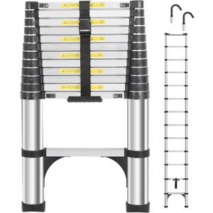 Telescoping Ladders 16.5 FT Aluminum Ladder - One-Button Retraction Collapsible Extension Ladder for Home, RV, Attic & Loft, Lasts 330 LBS with 2 Triangle Stabilizers and 2 Detachable Hooks (16.5 FT (Hooks))