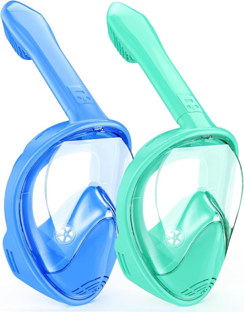 Kids Snorkel Mask Full Face, Snorkeling Gear for Kids 2-14 with Camera Mount, 180 Degree Panoramic View Snorkeling Set Anti-Fog Anti-Leak (Cyan Blue)