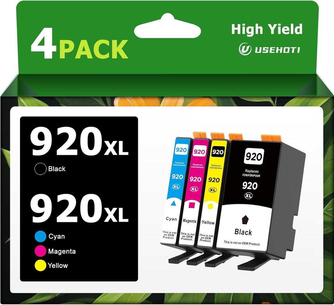 USEHOTI 920XL Ink Cartridges High Yield Combo Pack Compatible for HP 920 920XL with HP OfficeJet 6500A, 6000, 6500, 7000, 7500A Printers (Black, Cyan, Magenta, Yellow 4-Pack)