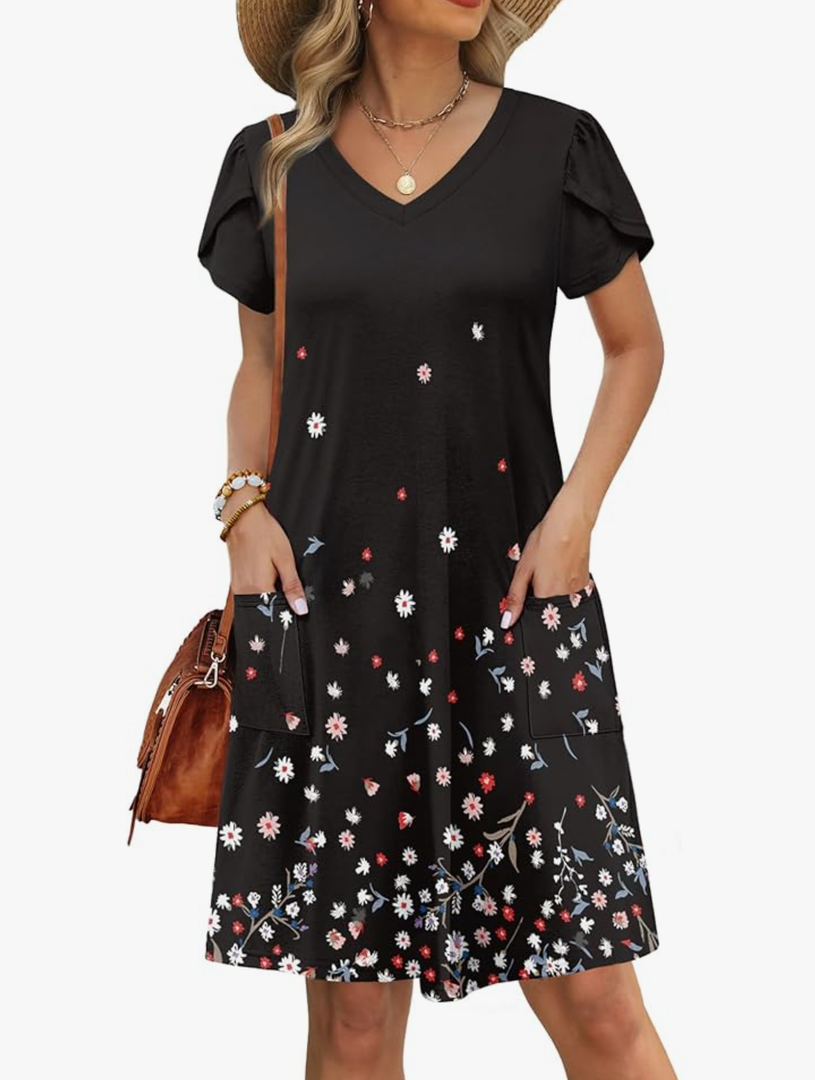 OFEEFAN Womens Summer Dresses 2025 Tulip Petal Short Sleeve V Neck Loose Swing Sundresses with Pockets Plain/Print XXL