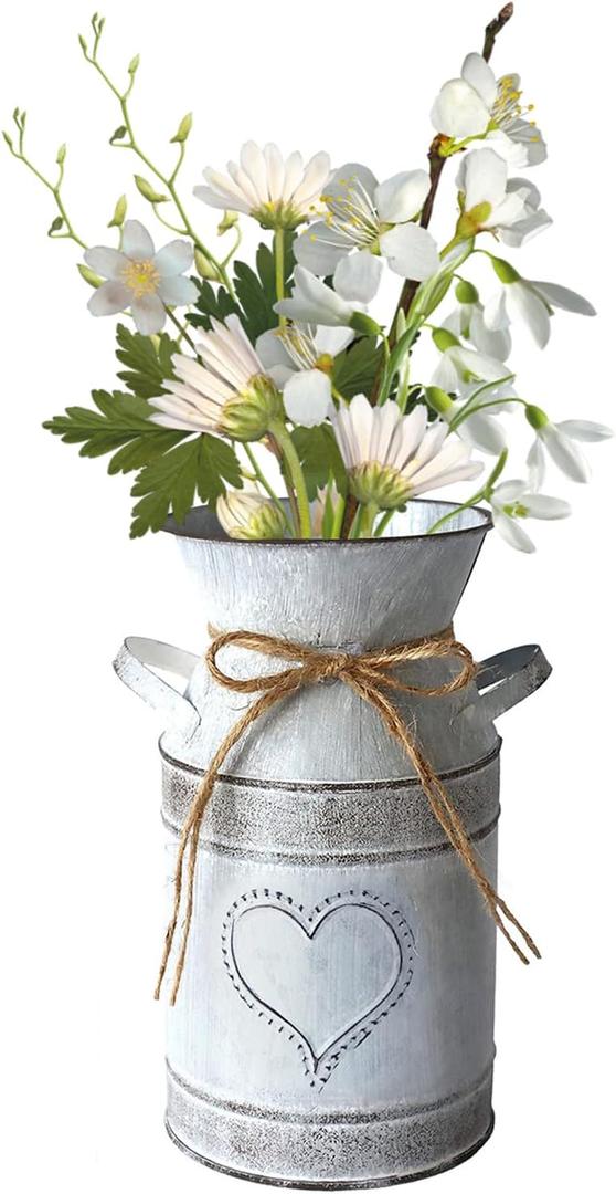 Vintage Iron Milk Can Vase, Rustic Farmhouse Metal Planter Bucket with Handle & Twine, Shabby Chic Flower Holder for Dried Floral Arrangements, Wedding Centerpiece, Home Table Fireplace Decor, 7.5''