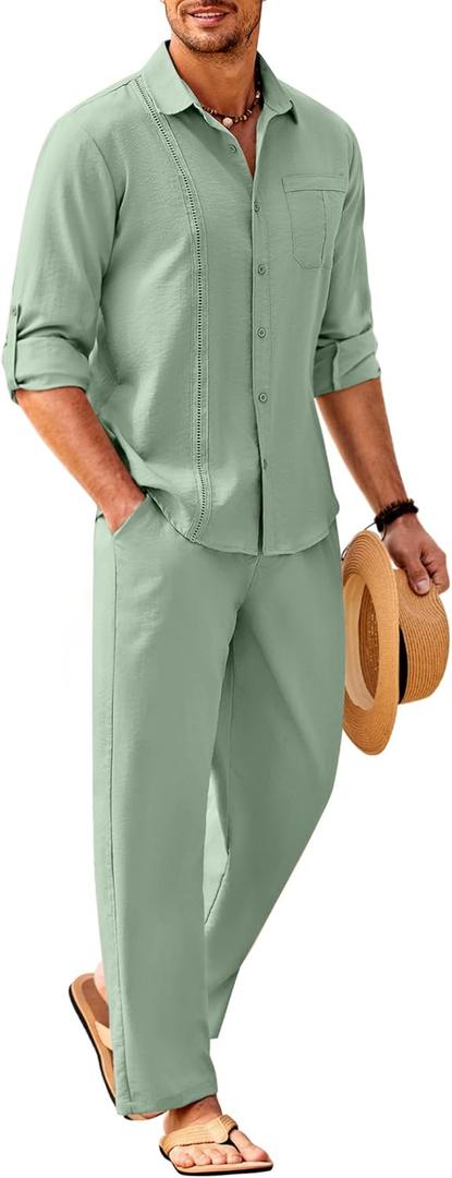 COOFANDY Mens Linen Sets 2 Piece Long Sleeve Button Down Cuban Shirt and Pants Set Summer Beach Set Outfits (Green, XL)