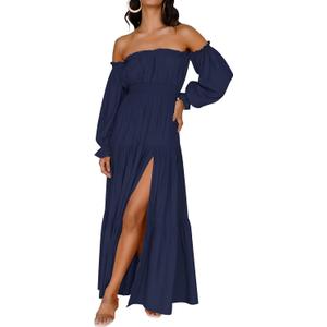 ZESICA Women's Boho Off Shoulder Wedding Guest Dress 2026 Spring Summer Side Split Flowy A Line Long Maxi Dresses Small