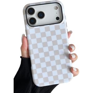Longlayss Compatible with iPhone 17 Pro Max Case Cute Aesthetic Checkerboard Checkered Phone Case for Women Girl Shockproof Slim TPU and Hard PC Protective Cover (Antique White)