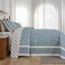 FineStichery Oversized Quilt Bedspread Coverlet Set, 102"x120" 100% Cotton Extra Large Quilt, Botanical Pattern, Lightweight Quilted Reversible Bedding Set with 2 Pillow Shams, Teal/Beige