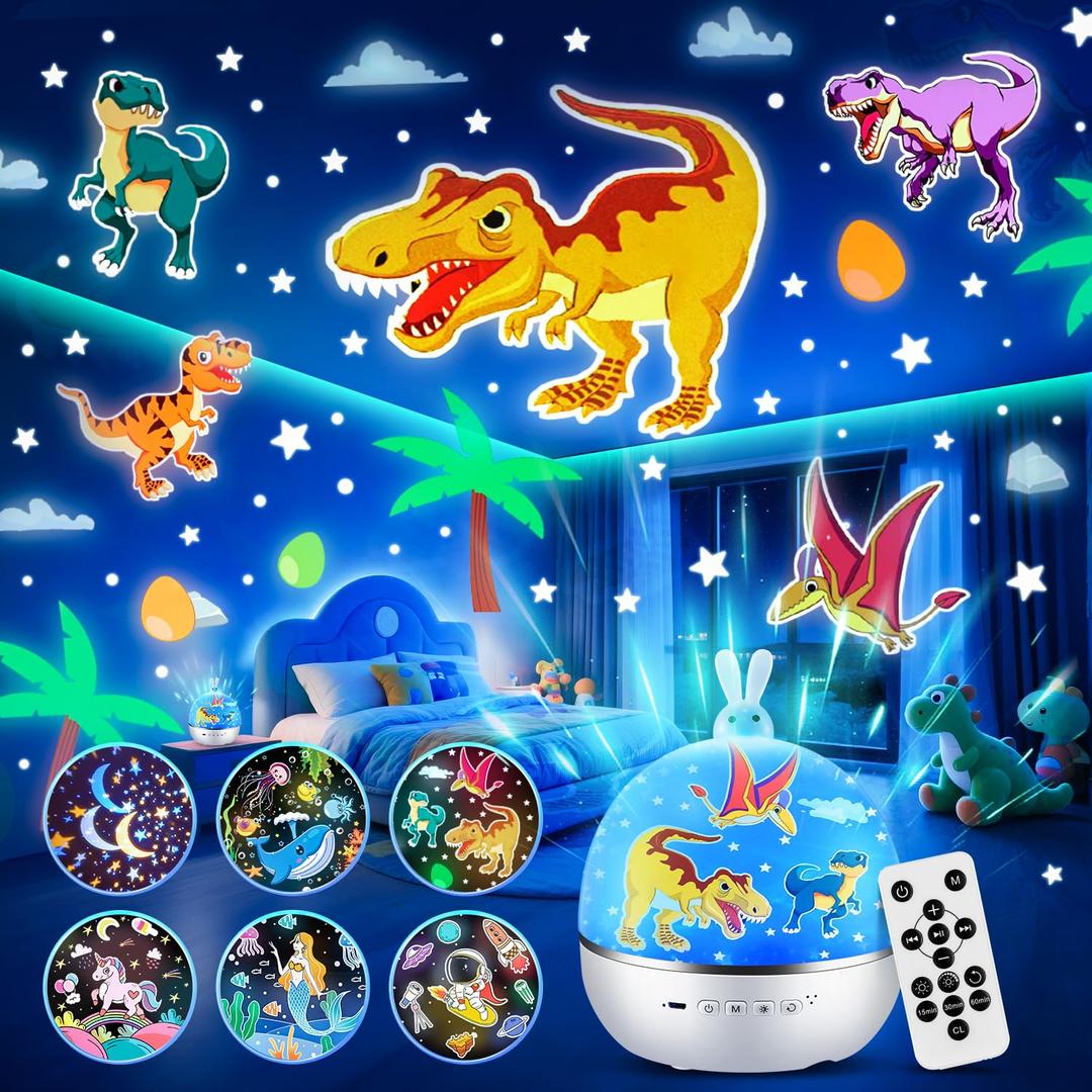 One Fire Dinosaur Night Light Projector, with 15 Films & Bluetooth Music and Remote-Controlled Dino Night Light, Rechargeable Star Projector for Kids, Dino Decor Dinosaur Gifts for Boys.