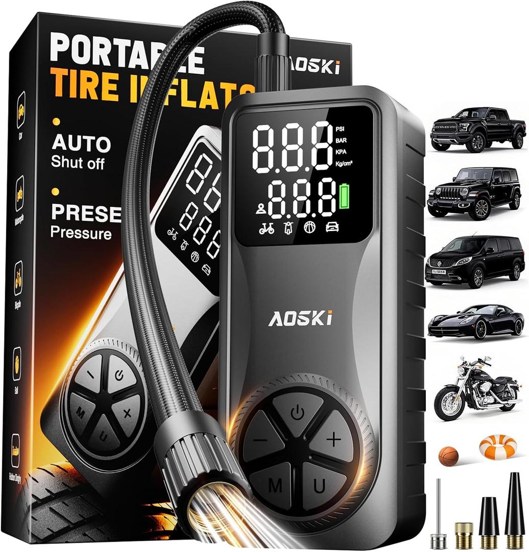 Tire Inflator Portable Air Compressor: 150PSI Rechargeable Air Pump with Digital Pressure Gauge, LED Light and Auto Shut-Off - Fast Inflation for Car, Motorcycle, Bike, and Ball - Black