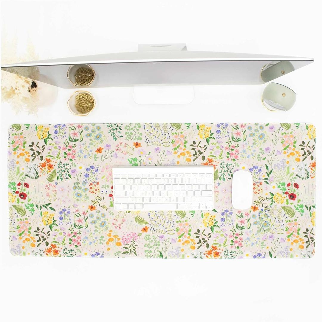 bloom daily planners Desk Pad Mat - XL Extended Mouse Pad with Rubber Base, Sewn Stitched Edges - Large Keyboard Mouse Mat for Work, Game, Office, Home (15.5" x 35) - Floral Garden Party