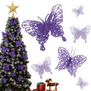 16 Pcs 2 Size Christmas Tree Butterfly Decorations, Glitter Hollow Butterfly Ornaments for Christmas Tree and Holiday Crafts, Purple