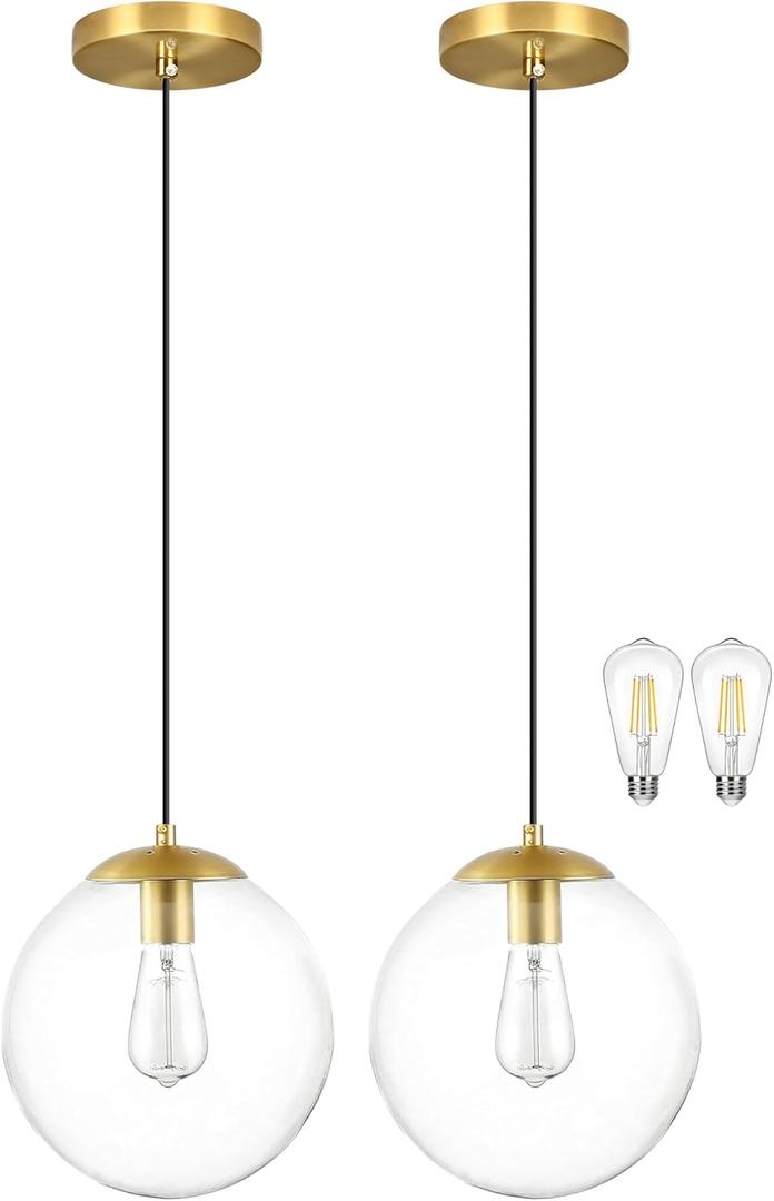 KoKo&Yukina 10" Clear Glass Pendant Lights Kitchen Island 2 Pack Modern Globe Pendant Light Mid-Century Modern Gold Pendant Light Fixtures for Dining Room Bedroom Entryway Hallway (Bulb Included), 10 inch - standard