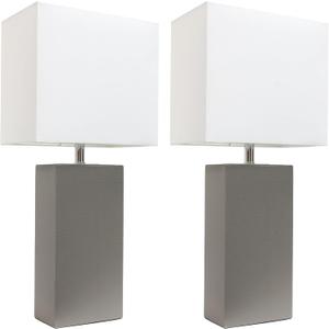 Lexington 21" 2-Pack Leather Base Modern Home Décor Bedside Table Lamp Set for Living Room, Bedroom, Entryway, Foyer, or Office with White Rectangular Fabric Shade (Gray)