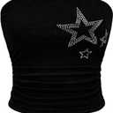 WDIRARA Women's Star Rhinestone Ruched Strapless Crop Tube Top Y2k Graphic Bandeau Tops (X-Large, Black)