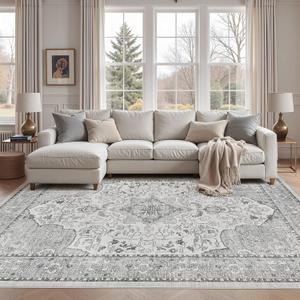 Cotiled 10x12 Area Rug Machine Washable Vintage Carpet for Living Room Bedroom Soft Non-Slip Backing Floor Mat Kid & Pet Friendly Stain Resistant Grey