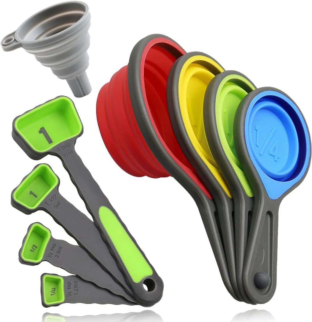 leepiya Measuring Cups and Spoons set, Collapsible Measuring Cups, 8 piece Measuring Tool Engraved Metric/US Markings for Liquid & Dry Measuring, Space Saving, BPA Free Silicone, Colorful (Green)
