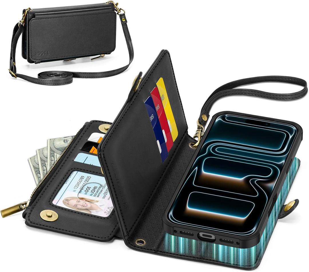 TUCCH Crossbody Detachable Wallet Case for iPhone 17 Pro 6.3" 2025, 9 Card Slots RFID Blocking | Wireless Charging | Wrist Strap | Lanyard | Stand | Zipper Pocket | PU Leather Shockproof Cover | Black