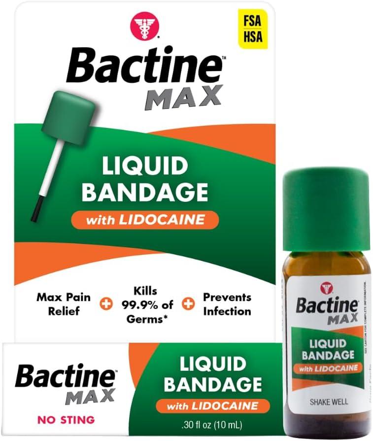 Bactine MAX Liquid Bandage with Lidocaine, Wound Cleaning Solution That Kills 99% of Germs, Covers and Protects Skin, Fast-Drying Protective Seal, 0.30 fl oz