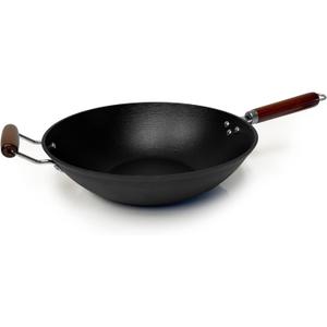 21st & Main Light weight Cast Iron Wok, Stir Fry Pan, Wooden Handle, 14 Inch, chefs pan, pre-seasoned nonstick, commercial and household, for Chinese Japanese and others Cooking
