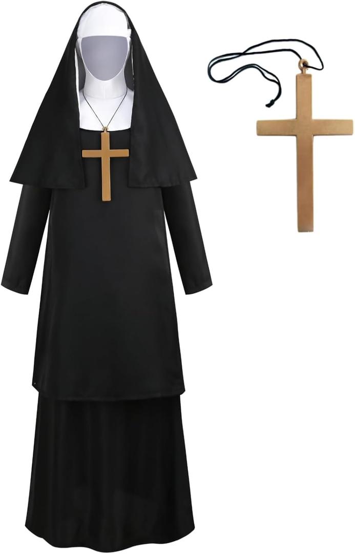 Women's Nun Costume, Nuns Black Dress Religious Outfit with Headpiece and Cross Necklace Church Halloween Christmas (Medium)