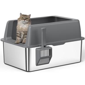 Zarler Stainless Steel Litter Box with Lid, 8 Deep Extra Large Cat Litter Boxes, XL Metal Litter Box for Big Cats with High Sided, Grey (Non-Sticky, Easy to Clean, Anti-Urine Leakage)