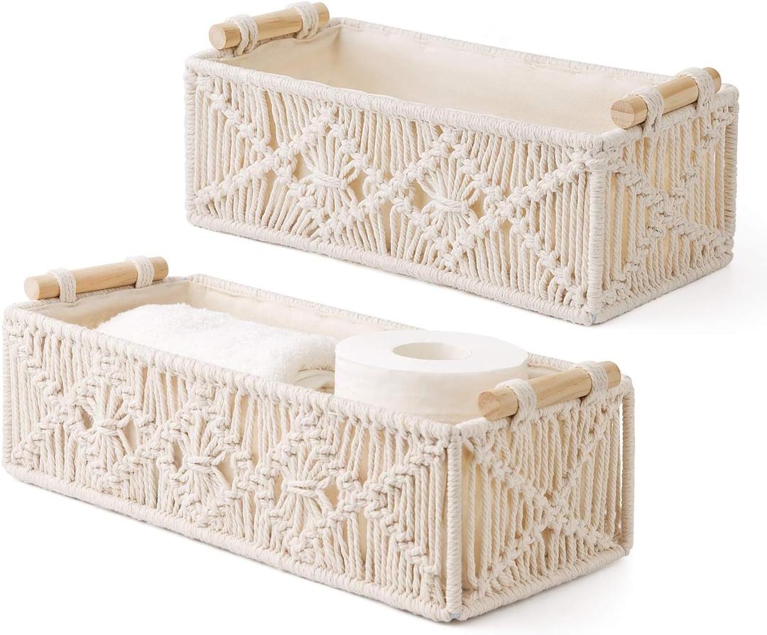 Mkono Macrame Storage Baskets Boho Decor Box Handmade Woven Decorative Countertop Toilet Tank Shelf Cabinet Organizer for Bedroom Livingroom Home, Set of 2, Ivory Mkono Macrame Storage Baskets Boho Decor Box Handmade Woven Decorative Countertop Toilet Tank Shelf Cabinet Organizer for Bedroom Livingroom Home, Set of 2, Ivory