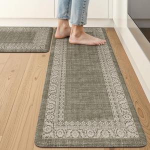 LEEVAN Green Kitchen Mats for Floor Sets of 2,Anti Fatigue Cushioned Memory Foam Kitchen Mat,Farmhouse Ergonomic Boho Non Slip Kitchen Floor Mat for Sink,Laundry,Home,Office,Desk (17''x29''+17''x47'')