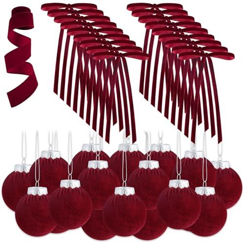 Syhood 38 Pcs Christmas Velvet Ornaments Decor Kit 2.36'' 18 Pcs Christmas Tree Ornaments Balls 18 Vintage Velvet Bows 5.5 Yard Ribbon for Xmas Tree Hanging Decorations, Wine Red