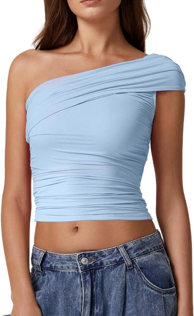 QINSEN Womens Sleeveless Foldover Top Double Lined One Shoulder T Shirts Summer Trendy Going Out Crop Tops (Small)
