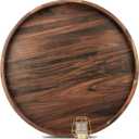 26 Inches Extra Large Round Black Walnut Wood Ottoman Tray with Handles, Serve Tea, Coffee, Classic Circular Wooden Decorative Serving Tray