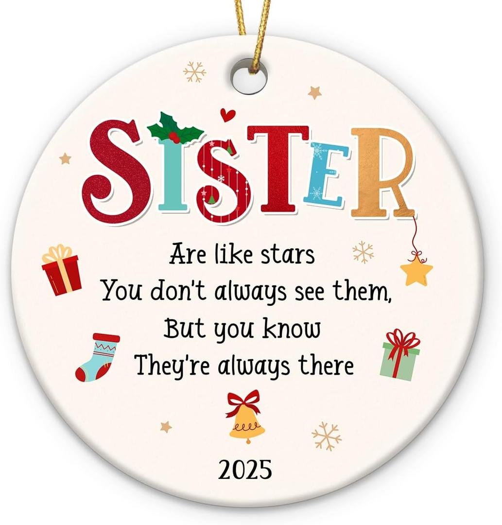 Sister Ornaments 2025 for Christmas Tree Decorations - Xmas Gifts for Sister Bestie Far Away, Soul Sisters Gifts for Women Friends, Double Sided Ceramic Ornament, Cute Sisters are Like Stars Presents, Pack Of 4