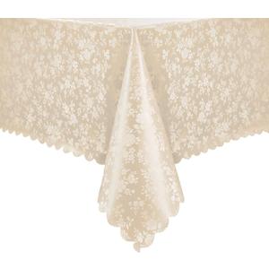 Romanstile Vinyl Tablecloth Rectangle, 100% Waterproof Outdoor Heavy Duty Table Cloth with Flannel Backing, Wipeable Washable Plastic PU Table Cover for Spring, Easter, Party (Rose Beige, 60 x 84)