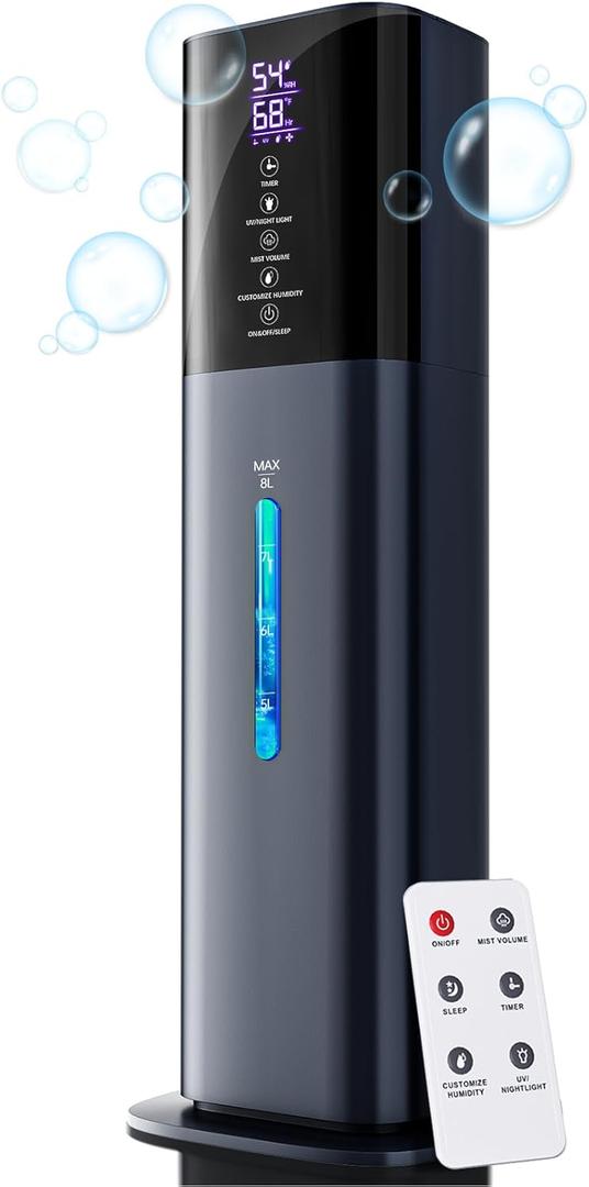 Humidifiers for Bedroom, 2.11Gal 8L Quiet Humidifiers for Large Room with Timer, 360Nozzle, 3 Speed Ultrasonic Cool Mist Humidifier with Humidistat for Baby, Customize humidity for Home Adults Plants (Blue)