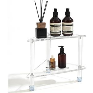 Acrylic Corner Shower Stool for Shaving Legs 14.3''H Clear Waterproof Foot Rest with Storage Shelf Triangle Shower Bench for Small Inside Spaces