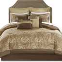Madison Park Essentials Brystol 24 Piece Room in a Bag Faux Silk Comforter Jacquard Paisley Design Matching Curtains Down Alternative Hypoallergenic All Season Bedding-Set, King(104"x92"), Brown