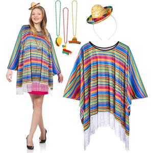 Yahenda 5 Pcs Mexican Costumes Women Serape Poncho Straw Sombrero Headbands 3 Necklace Cinco de Mayo Outfit Colorful