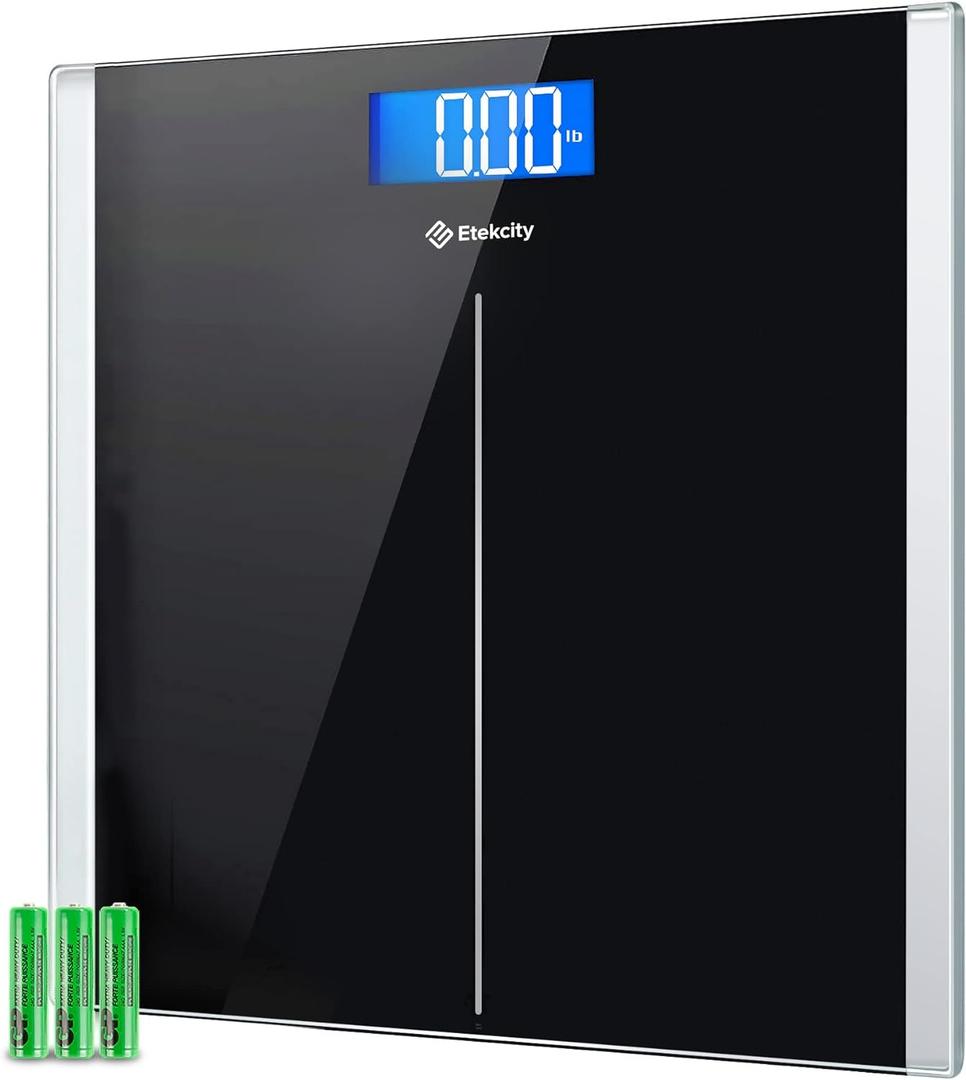 Etekcity Bathroom Scale for Body Weight, Highly Accurate Digital Electronic Weighing Machine for People, LCD Display, Large Size, 6mm Tempered Glass for Safe Home Use, Batteries Included, 400 lbs (Black)
