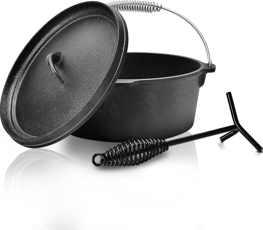 6.5 Quart Cast Iron Dutch Oven Pre-seasoned Pot with Lid Lifter Handle, Casserole Pot with Lid Lifter for Camping Cooking BBQ Baking