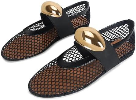 DOEYG Mesh Ballet Flats for Women Buckle Strap Comfy Casual Office Fishnet Ballerina Flat Shoes, US9, Black Gold