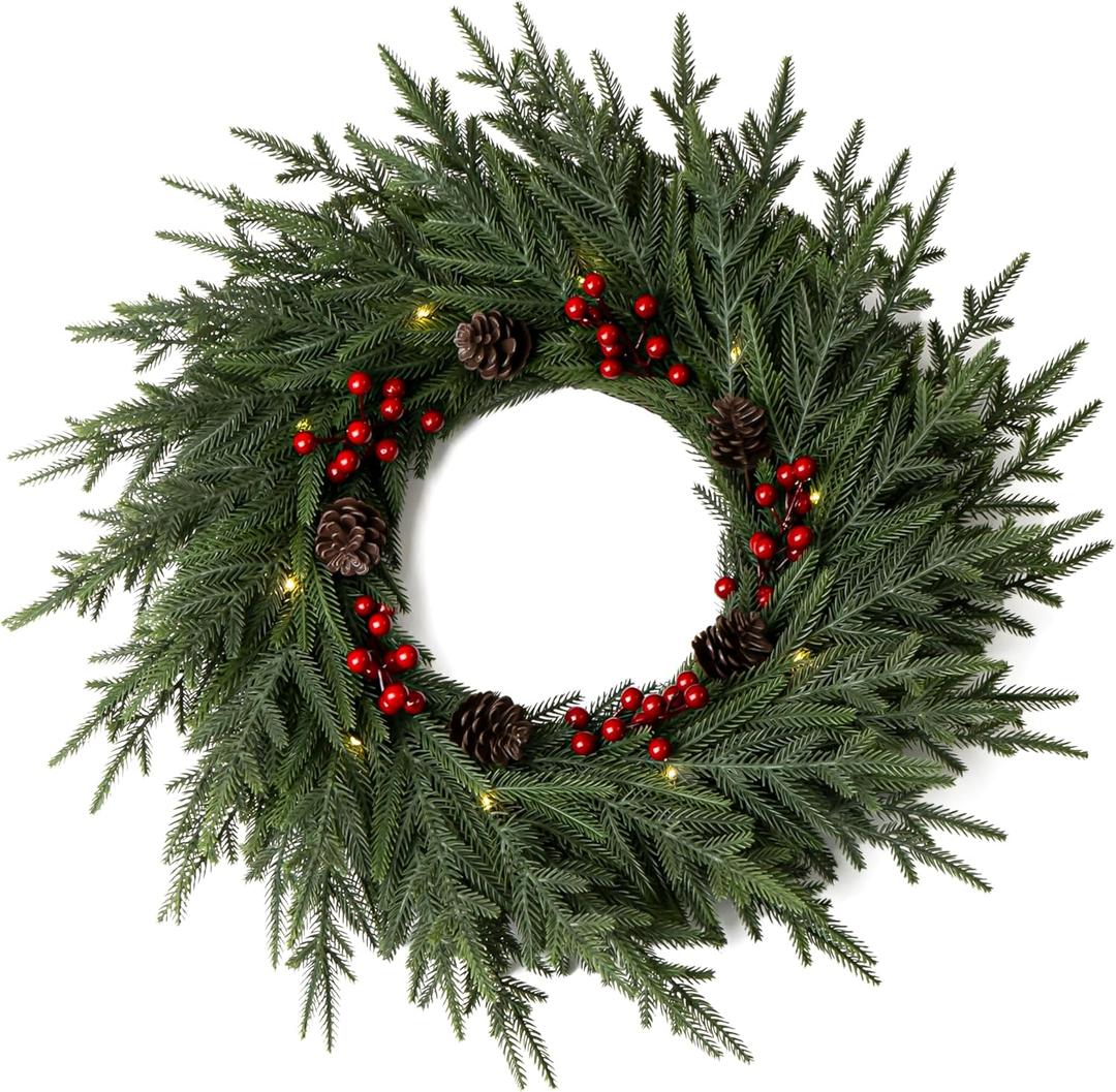 24" Christmas Wreath - Christmas Wreaths for Front Door - Christmas Decorations - Real Touch Norfolk Pine Wreath for Indoor Outdoor Wall Window Porch - Cedar Reef Garland - Free LED String Lights