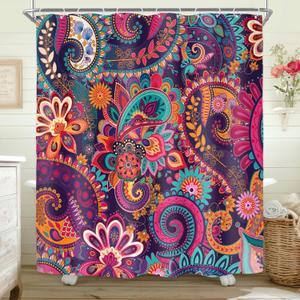 Riyidecor Boho Paisley Floral Shower Curtain Mandala Indian Bohemian Colorful Purple Flowers Bathroom Home Decor Set Fabric Waterproof Included 12 Plastic Shower Hooks 72Wx72H Inch